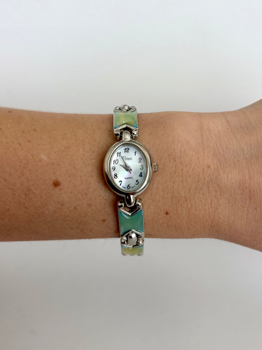 Rare Vintage Silver with Green Detail Womens Watch