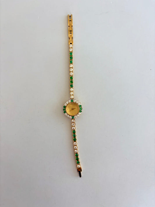 Dainty Crystal Green Womens Vintage Quartz Watch Wristwatch Gold tone