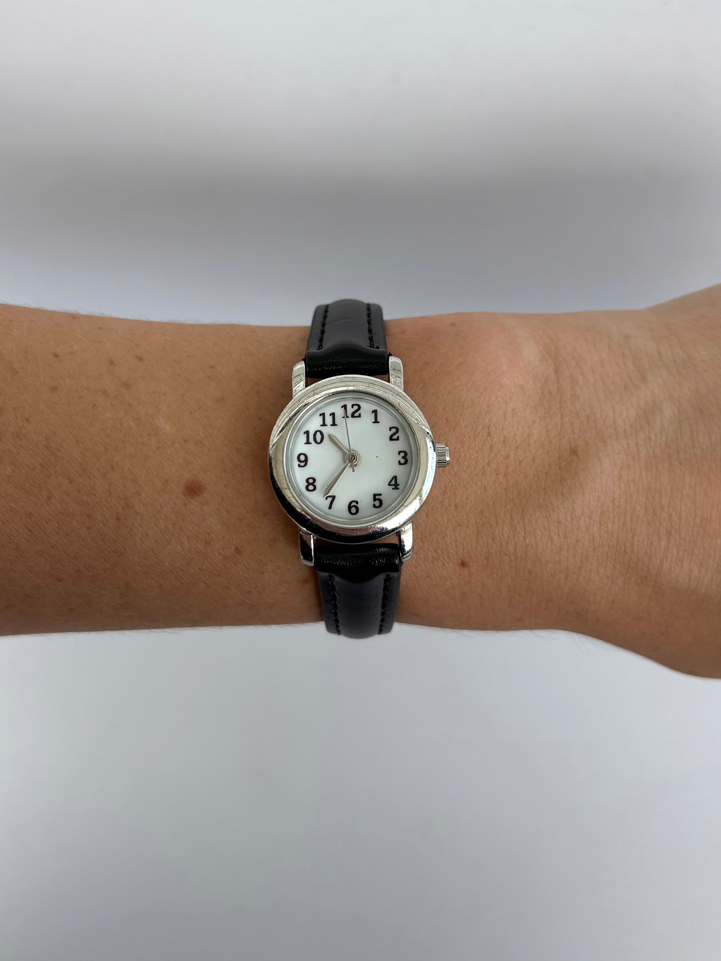 Rare Vintage Black Leather Silver Womens Watch