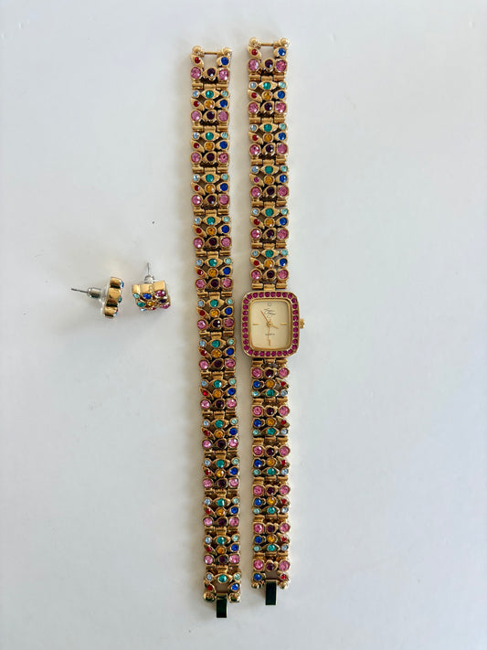 Rare Vintage Colorful Gold Womens Watch, Bracelet, & Earrings