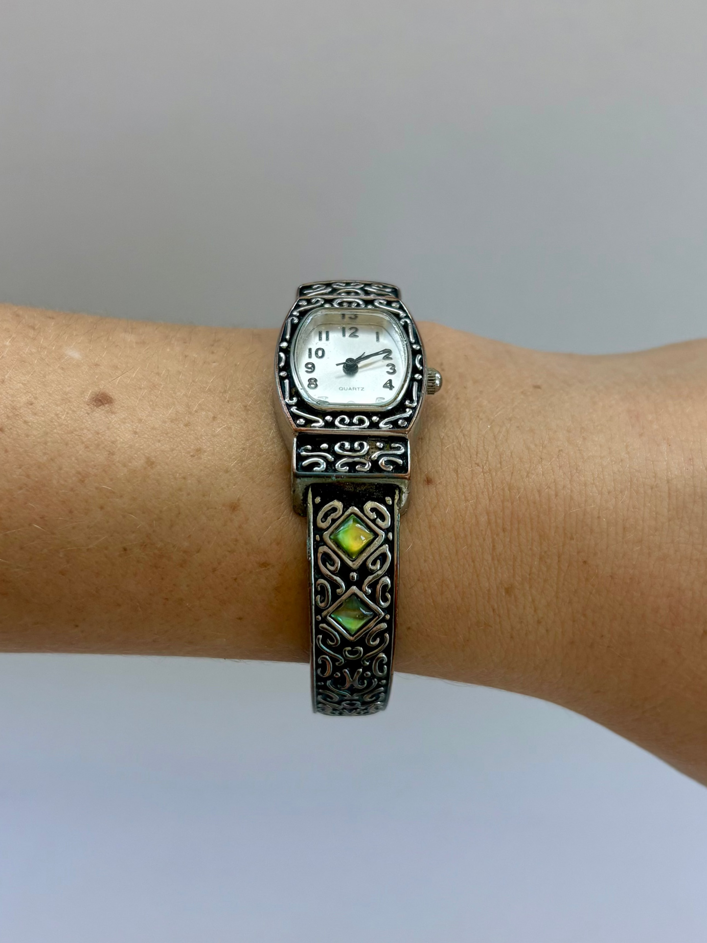 Rare Vintage Black and Silver with Green Accents Womens Watch
