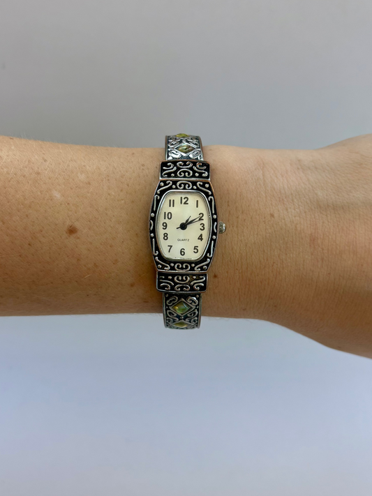 Rare Vintage Black and Silver with Green Accents Womens Watch