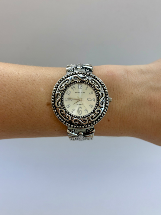 Rare Vintage Black and Silver Round Face Womens Watch