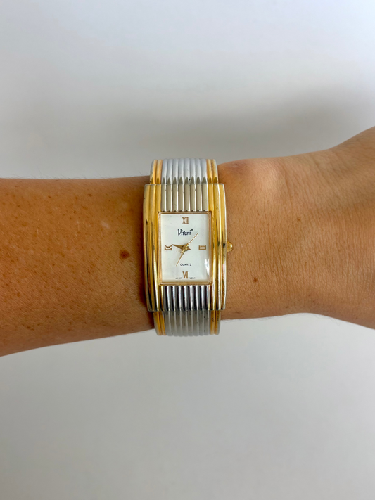 Rare Vintage Two Toned Rectangle Face Womens Watch