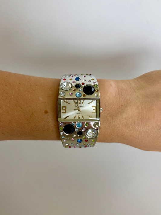 Rare Vintage Silver Rainbow Dot Rectangle Face Womens Watch