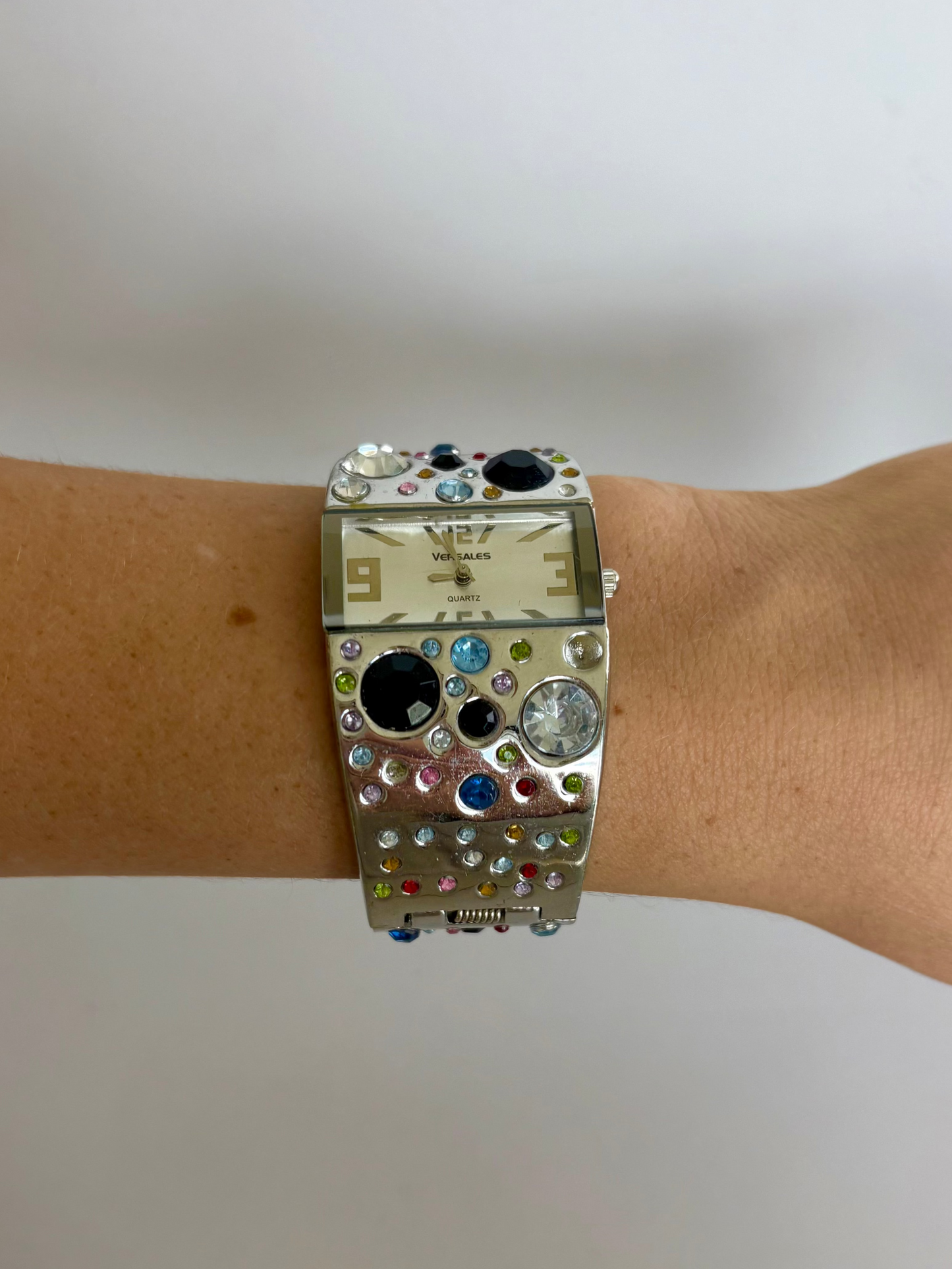Rare Vintage Silver Rainbow Dot Rectangle Face Womens Watch