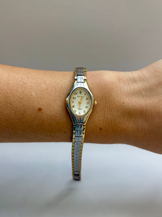 Rare Vintage Diamond Face Gold & Silver Two Toned Face Womens Watch