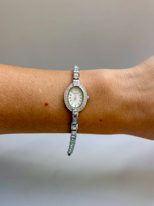 Rare Vintage Bulova Oval Diamond Silver Toned Womens Watch