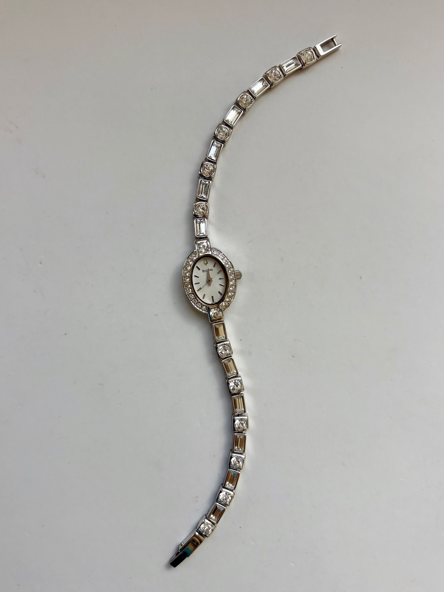 Rare Vintage Bulova Oval Diamond Silver Toned Womens Watch