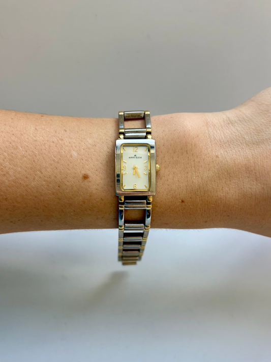 Rare Vintage Rectangle Face Silver & Gold Two Toned Womens Watch