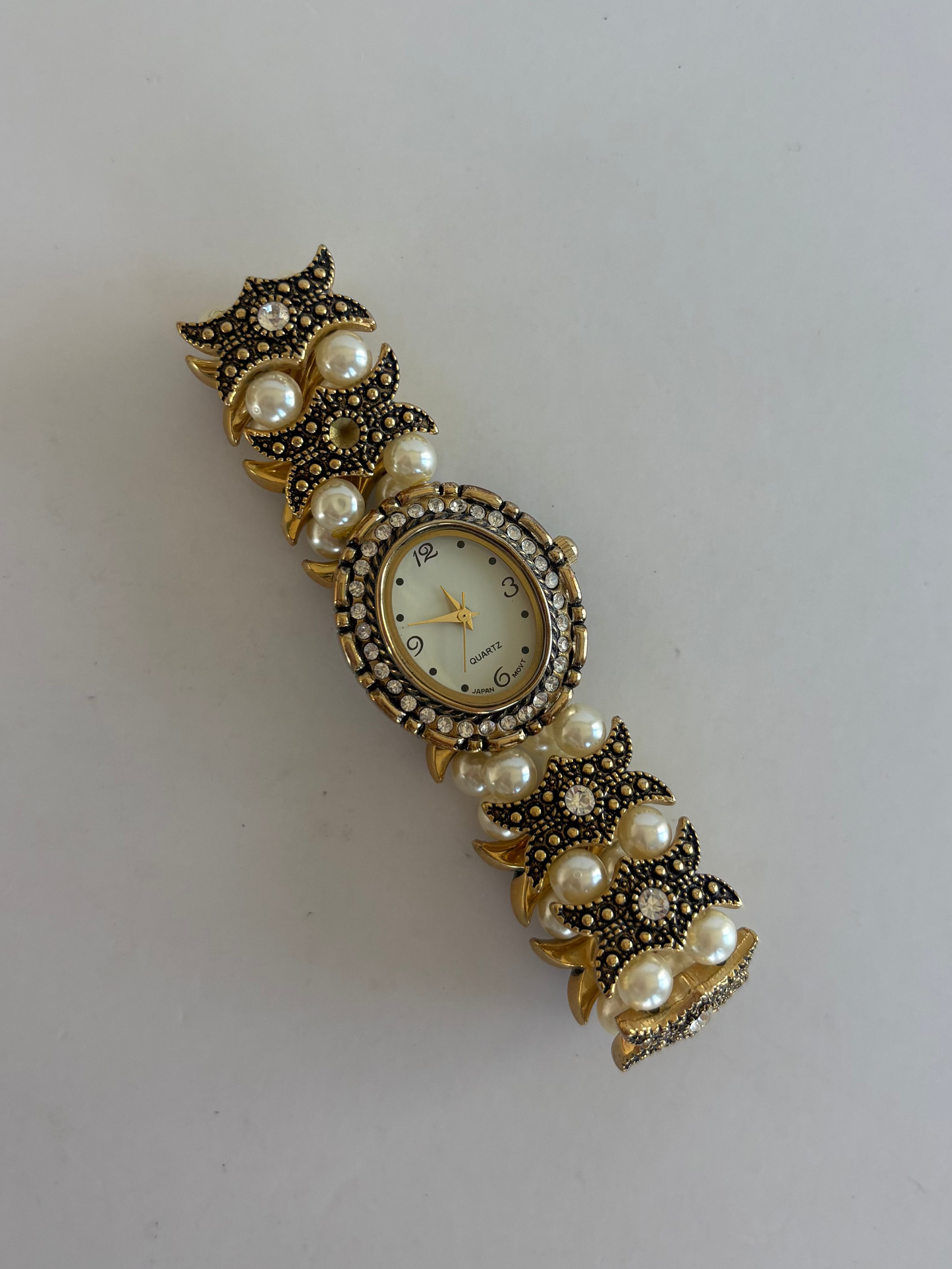 Rare Vintage Gold and Pearl Detail Womens Watch Stretchy
