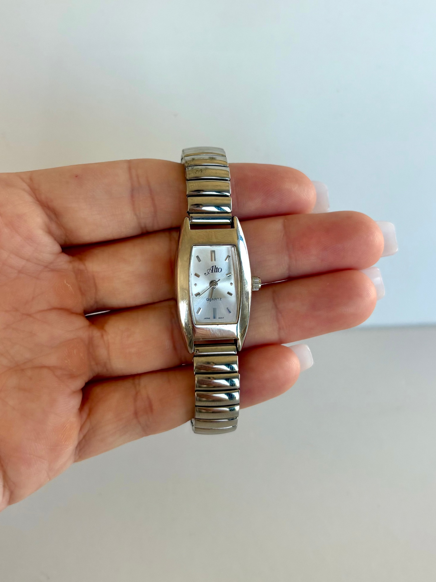 Rare Vintage Silver Rectangle Dial Womens Watch Stretchy Band
