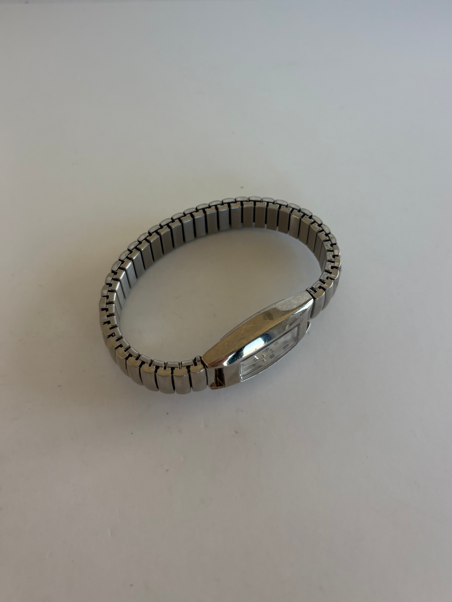 Rare Vintage Silver Rectangle Dial Womens Watch Stretchy Band