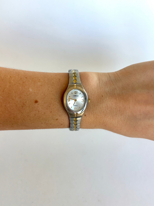 Rare Vintage Two Toned Silver & Gold Womens Watch Stretchy Band