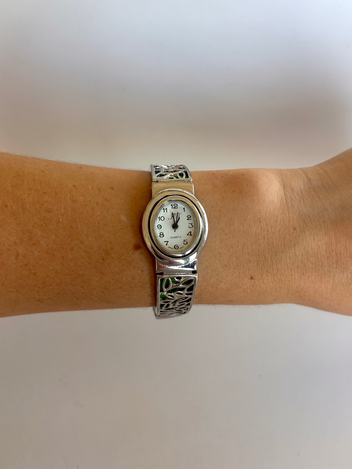 Rare Vintage Silver Toned with Green Detail Womens Watch