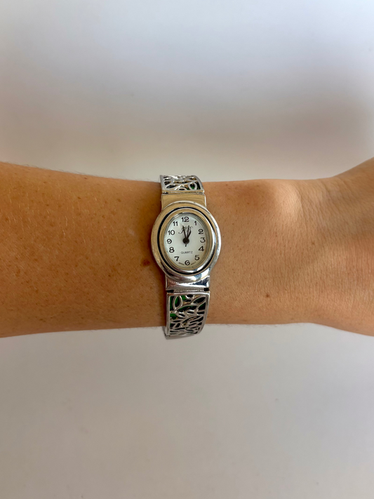 Rare Vintage Silver Toned with Green Detail Womens Watch