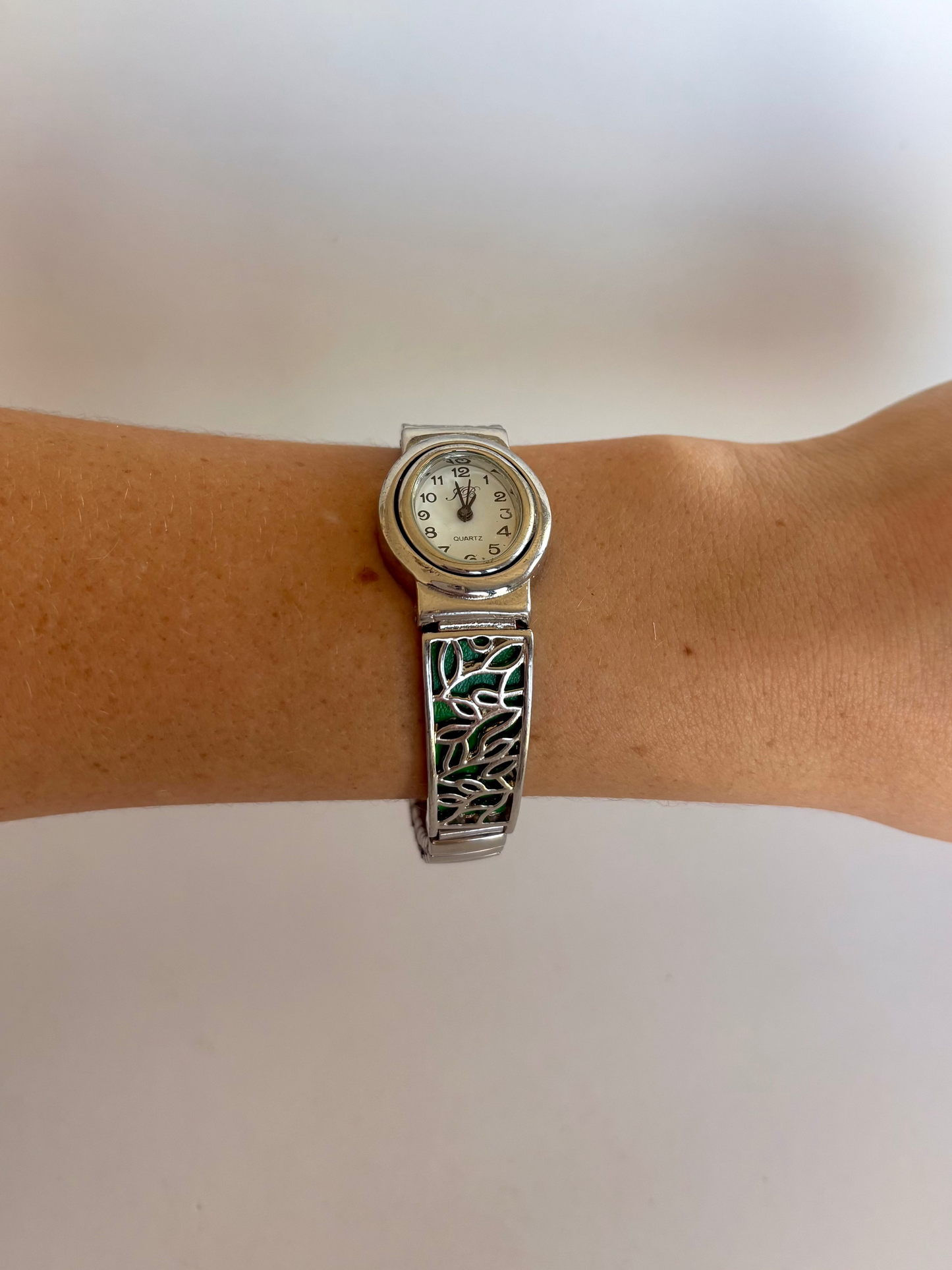 Rare Vintage Silver Toned with Green Detail Womens Watch