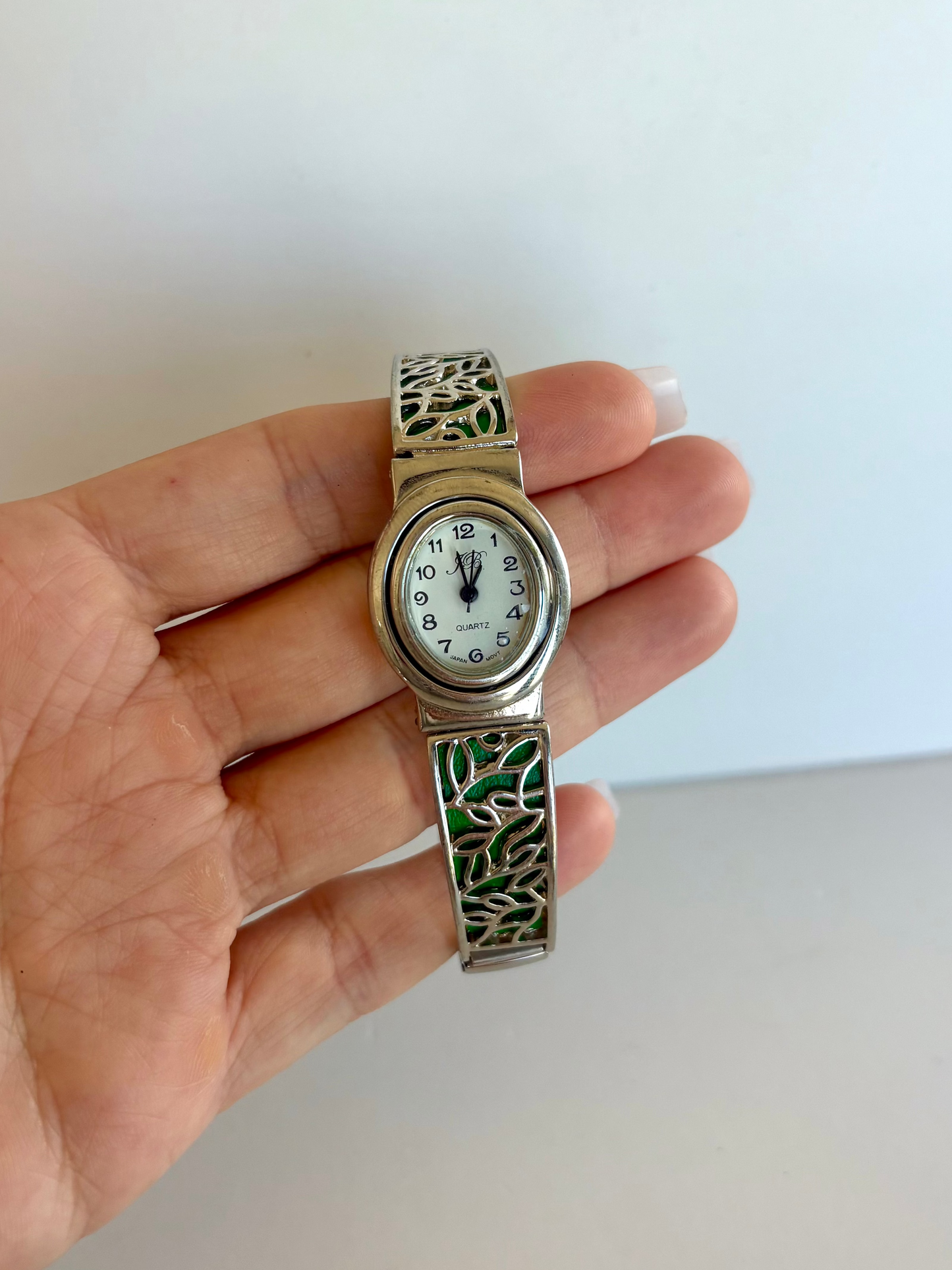 Rare Vintage Silver Toned with Green Detail Womens Watch