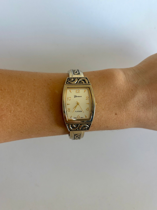 Rare Vintage Silver Gold & Black Detail Womens Watch