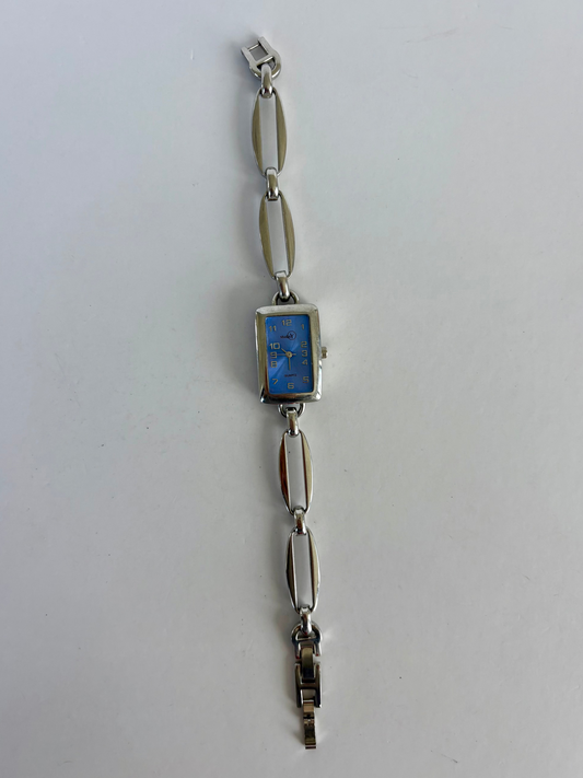 Rare Vintage Rectangle Blue Dial Dainty Silver Watch