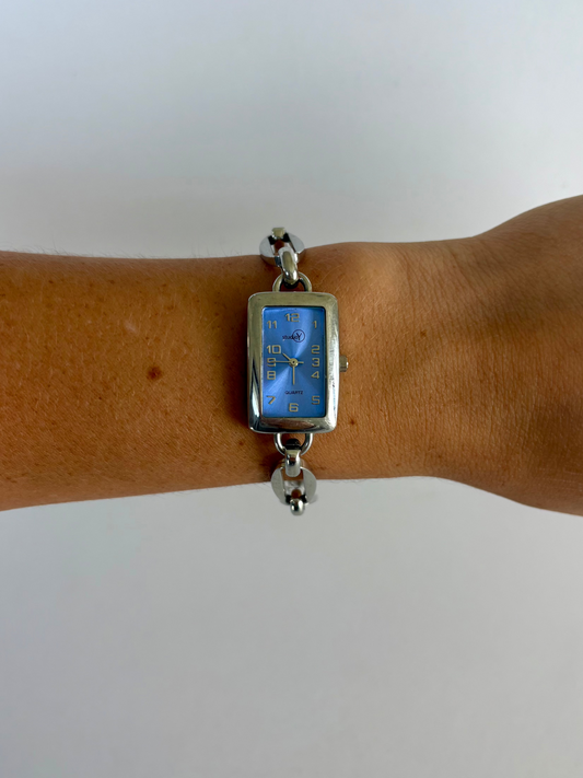 Rare Vintage Rectangle Blue Dial Dainty Silver Watch
