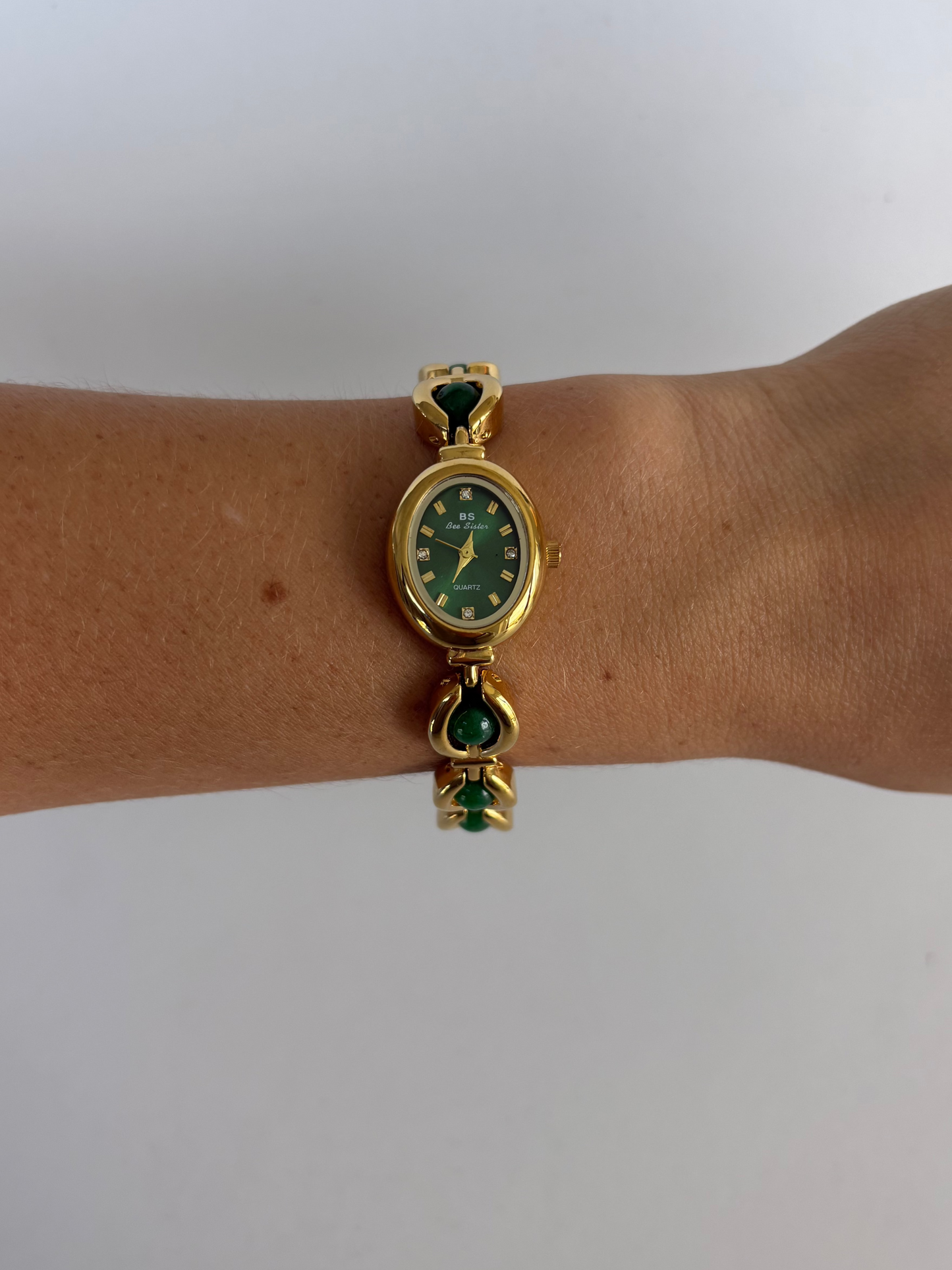 Vintage Pearl Drop  Green Gold Womens Watch Dainty Small Face