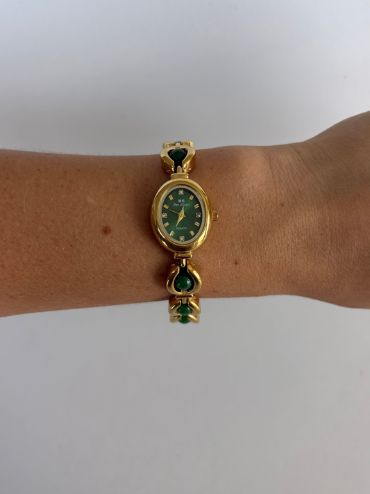 Vintage Pearl Drop  Green Gold Womens Watch Dainty Small Face