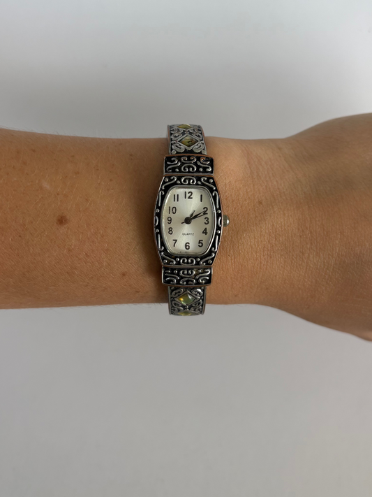 Rare Vintage Green & Black Detail Silver Watch