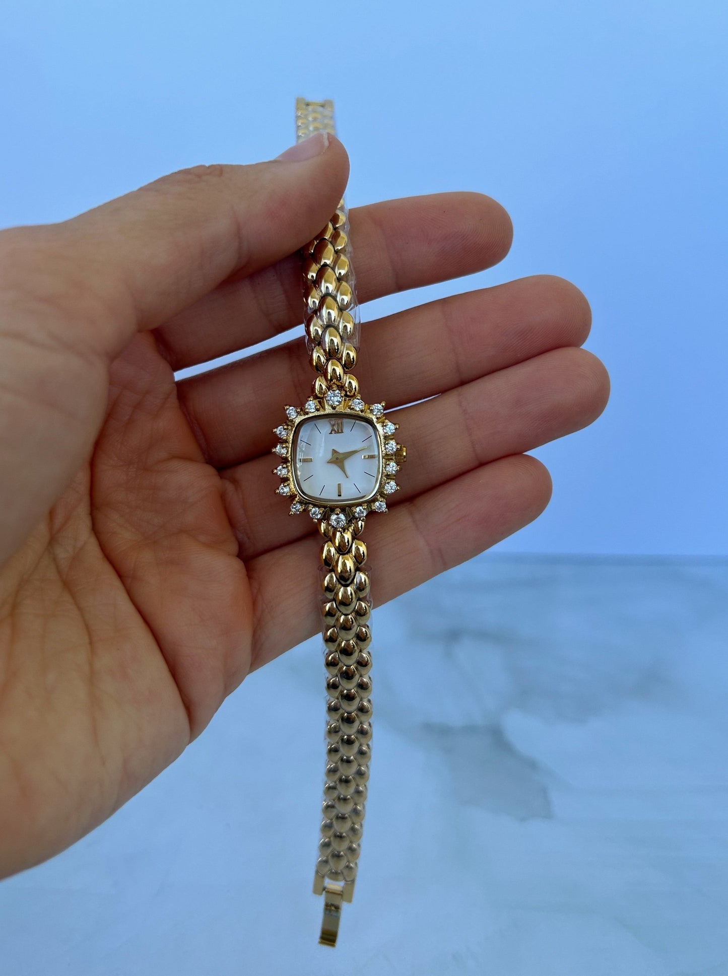 Vintage Dainty Brass Square Gold Womens Watch Small Face