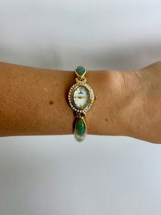 Dainty Vintage White Face Jade Oval Gold Womens Watch