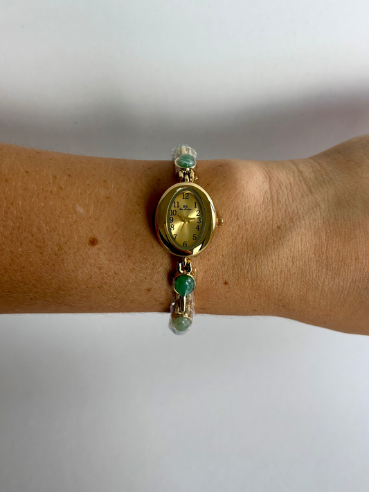 Dainty Vintage Gold Face Jade Pearl Womens Watch Small Face