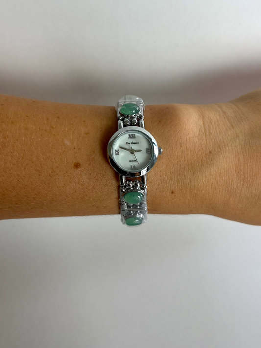 Dainty Vintage White Face Jade Bar Silver Womens Watch