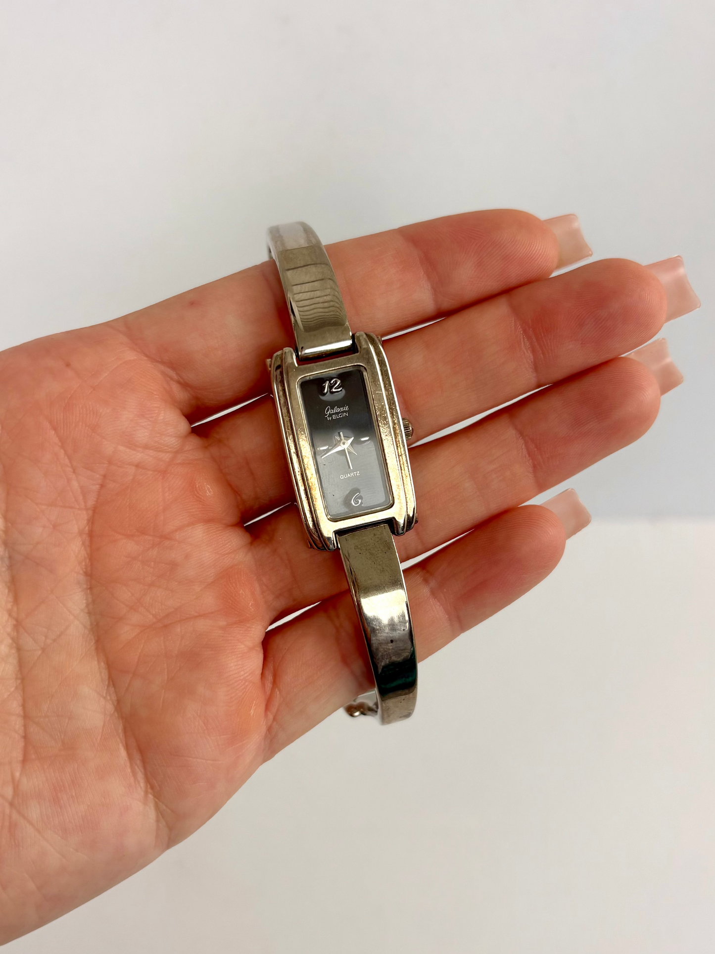 Rare Silver Watch with Black Dial Rectangle Face