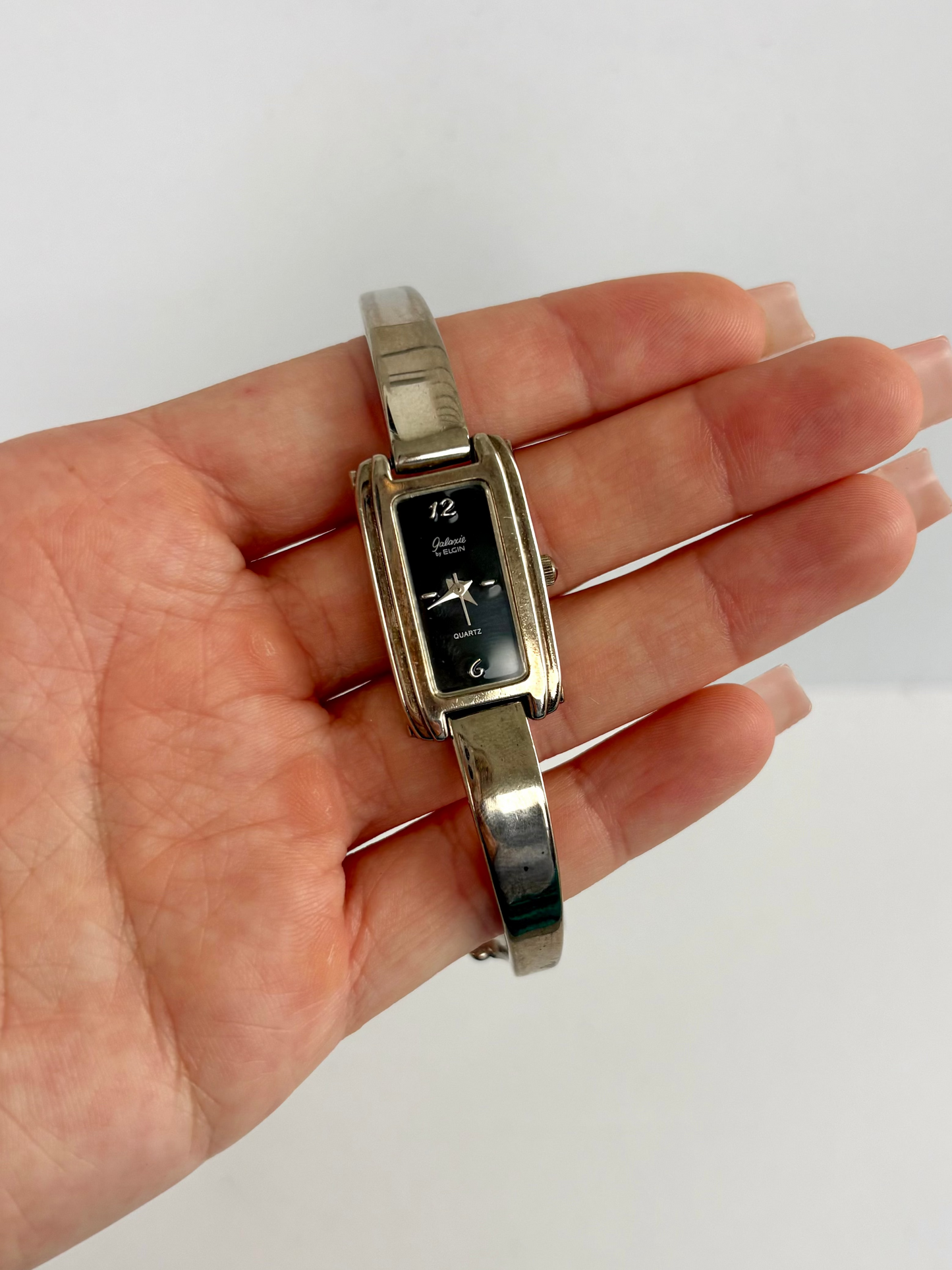 Rare Silver Watch with Black Dial Rectangle Face