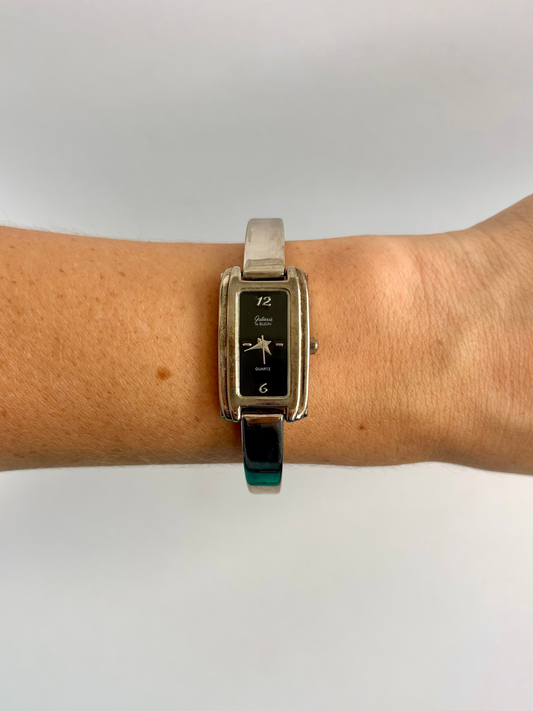 Rare Silver Watch with Black Dial Rectangle Face
