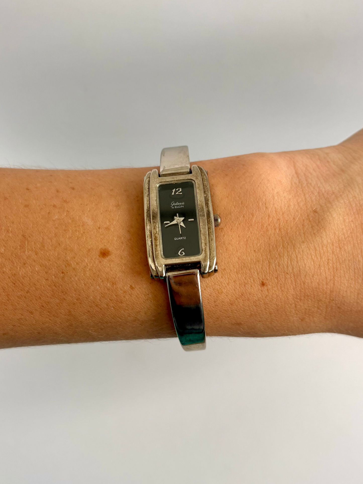 Rare Silver Watch with Black Dial Rectangle Face