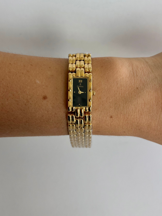 Gaze Vintage Black Dial Rectangle Gold Toned Womens Watch