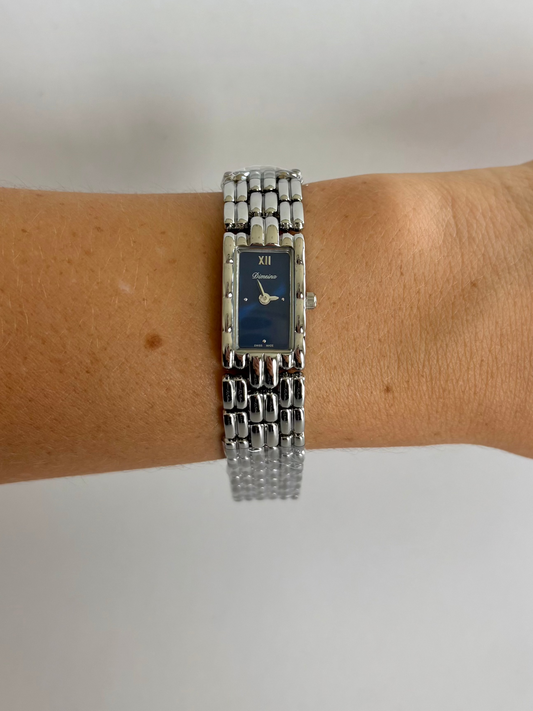 Gaze Vintage Blue Dial Rectangle Silver Toned Womens Watch