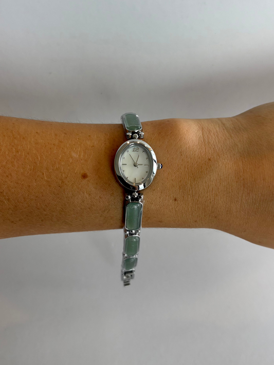 Dainty Vintage Silver Face Jade Detail Womens Watch Small Face
