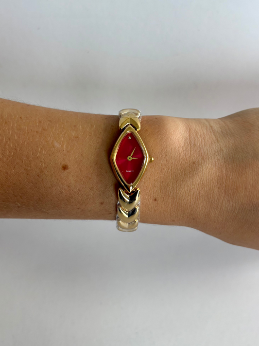 Diamond Geo Red Dial Vintage Gold Toned Womens Watch