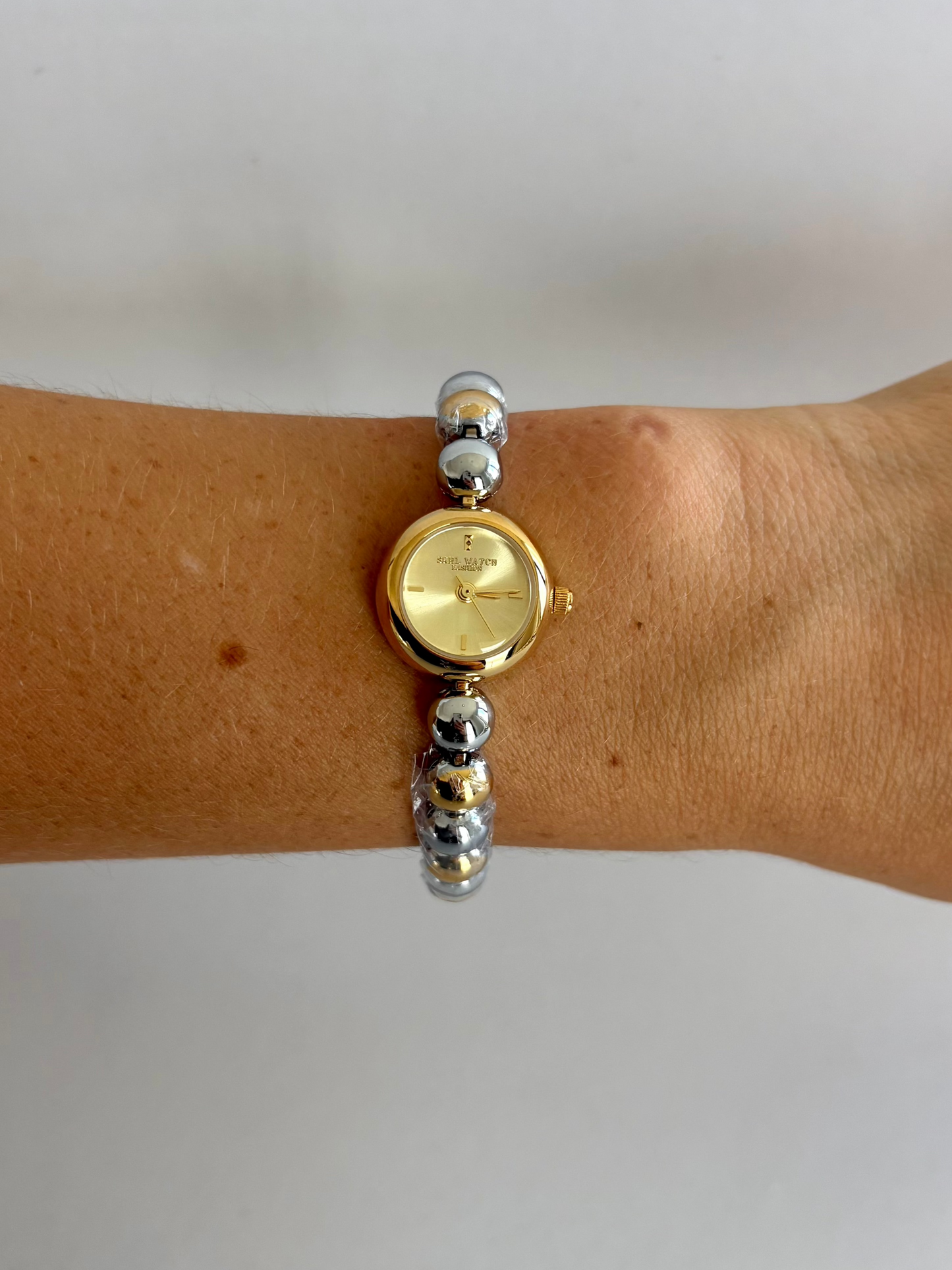 Dainty Bead Two Toned Silver&Gold Small Face Womens Watch