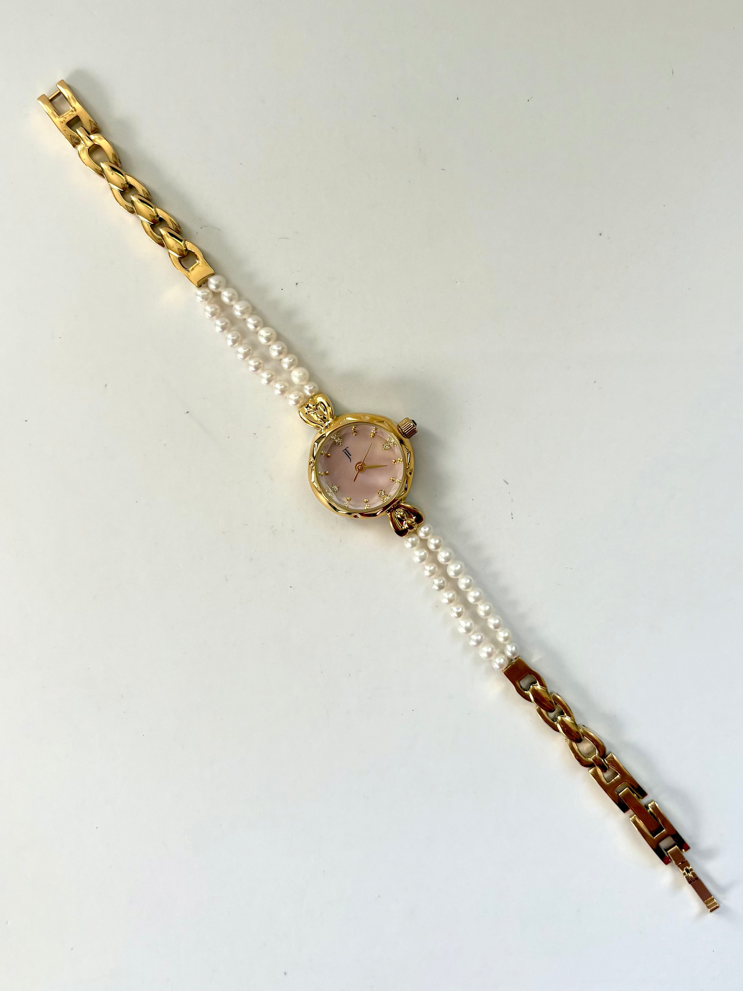Vintage Gold Plated Baby Pink Dial 2 Pearl Womens Watch Small Face
