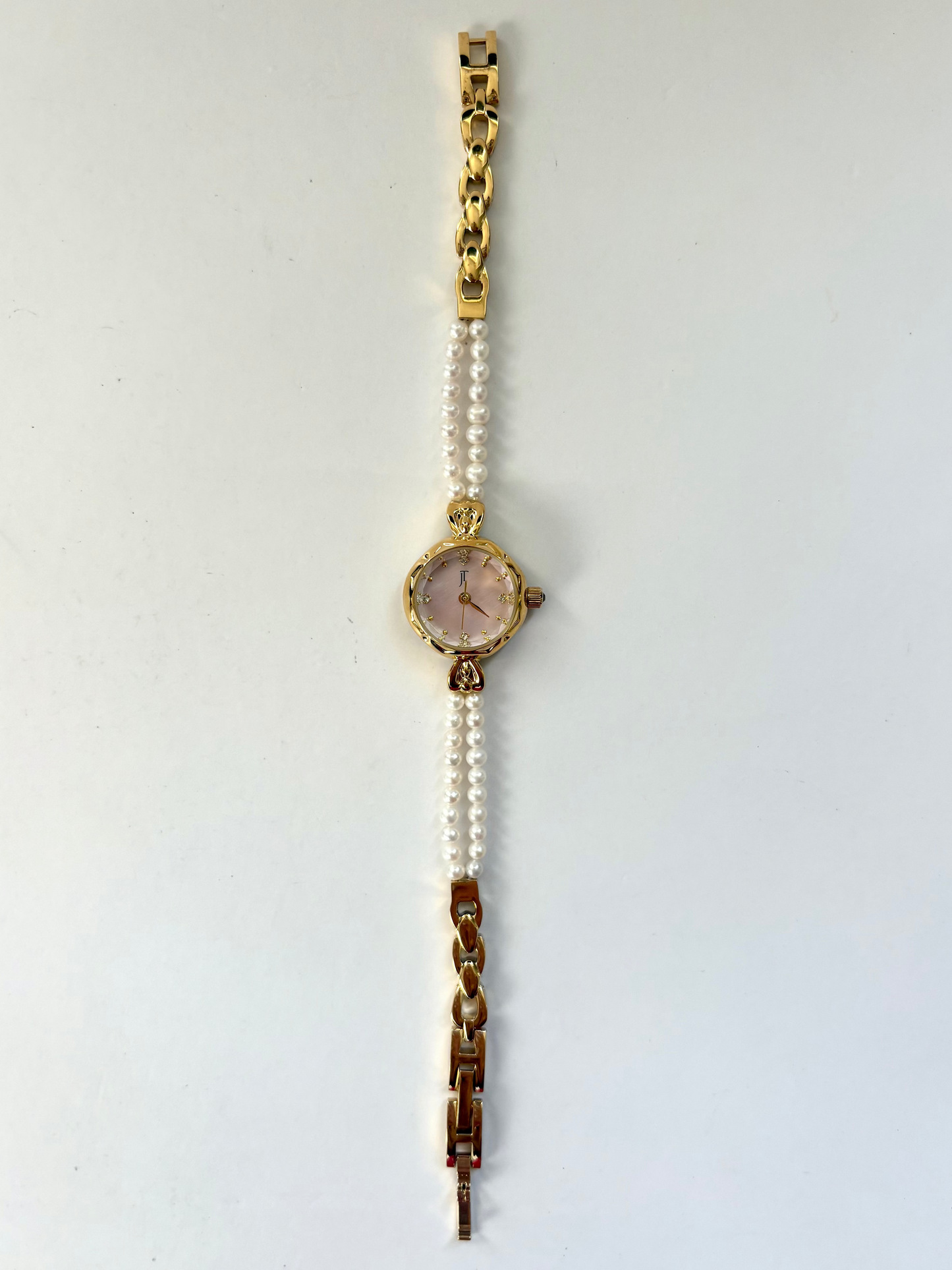 Vintage Gold Plated Baby Pink Dial 2 Pearl Womens Watch Small Face