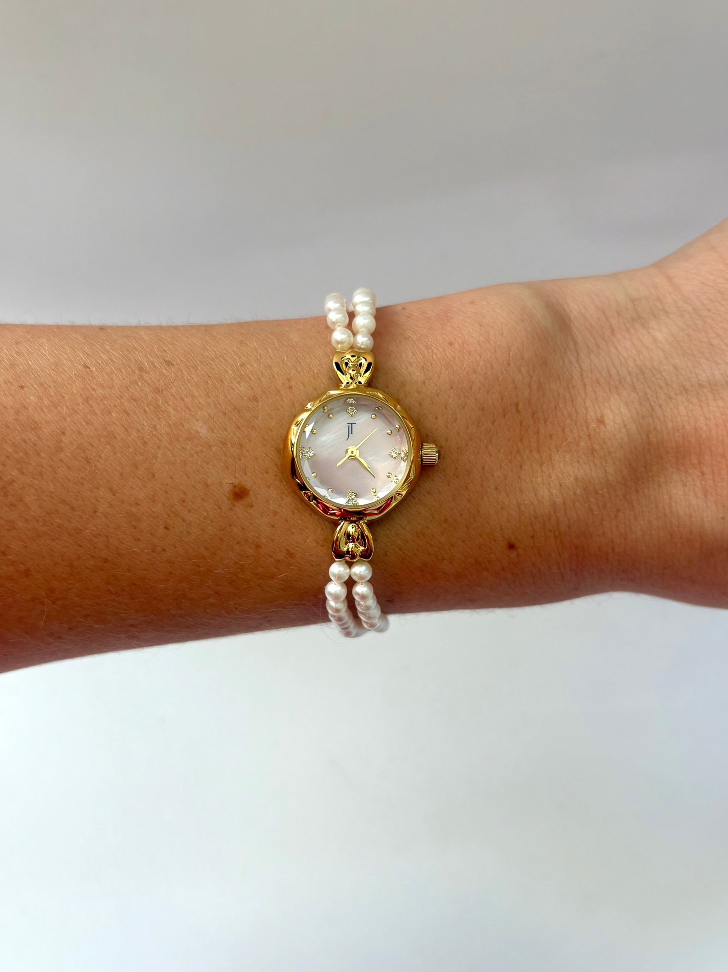 Vintage Gold Plated Baby Pink Dial 2 Pearl Womens Watch Small Face