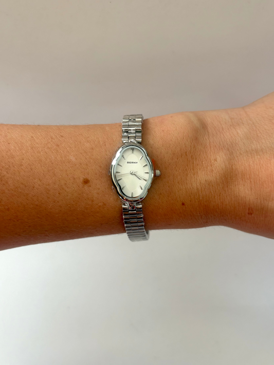 Vintage White Oval Flower Minimalist Silver Womens Watch Small Face
