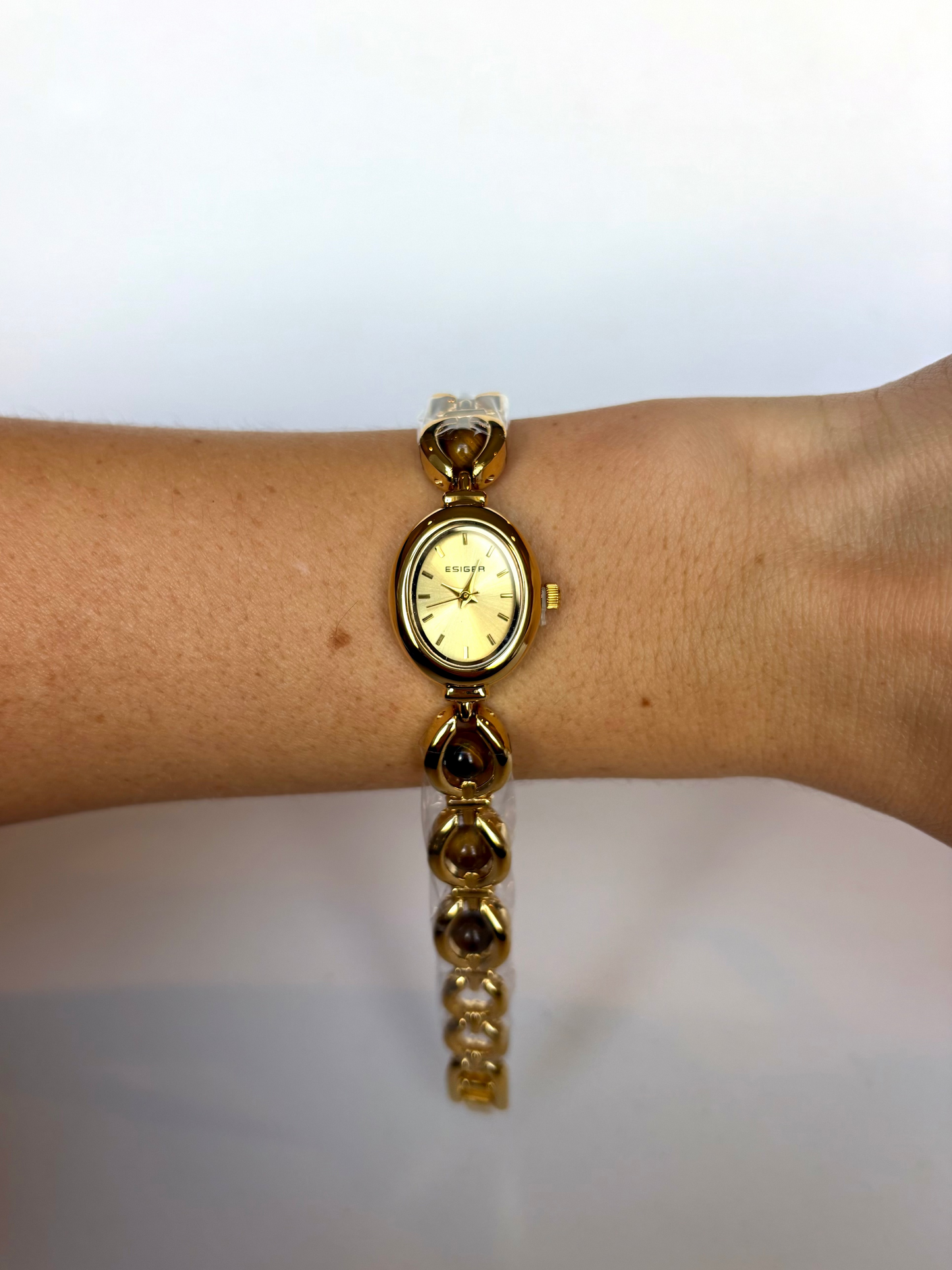 Vintage Pearl Drop Brown Gold Womens Watch Dainty Small Face