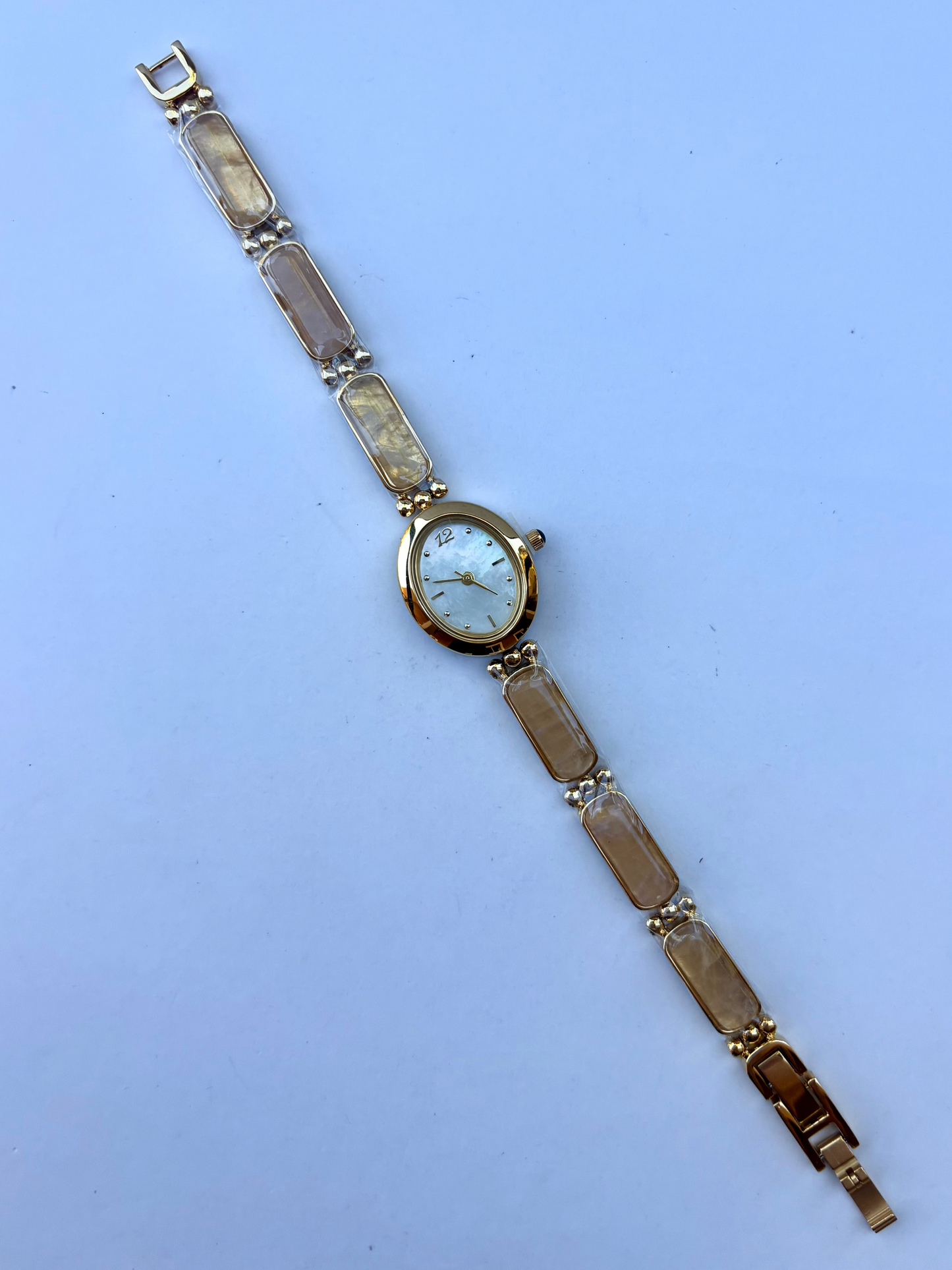 Vintage Beige Stone Bloom Gold Womens Watch Dainty Small Face