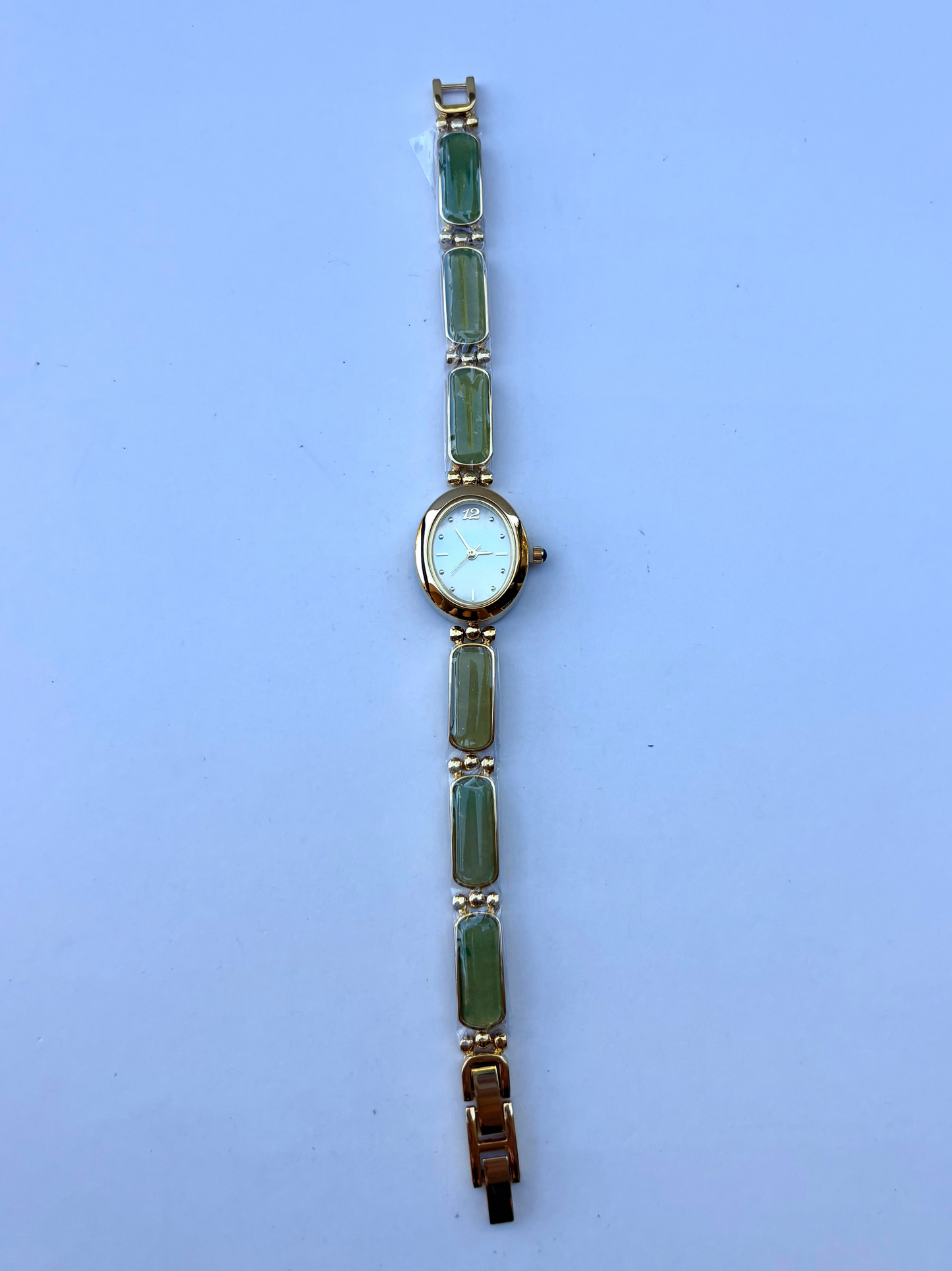 Vintage Green Stone Bloom Gold Womens Watch Dainty Small Face