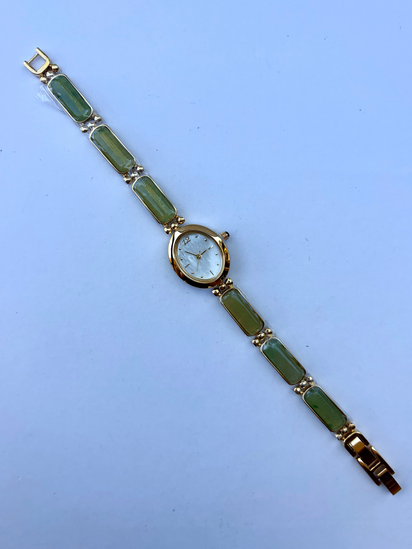 Vintage Green Stone Bloom Gold Womens Watch Dainty Small Face