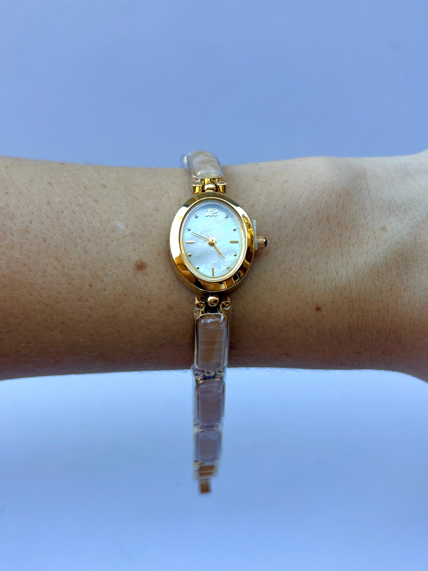 Vintage Beige Stone Bloom Gold Womens Watch Dainty Small Face